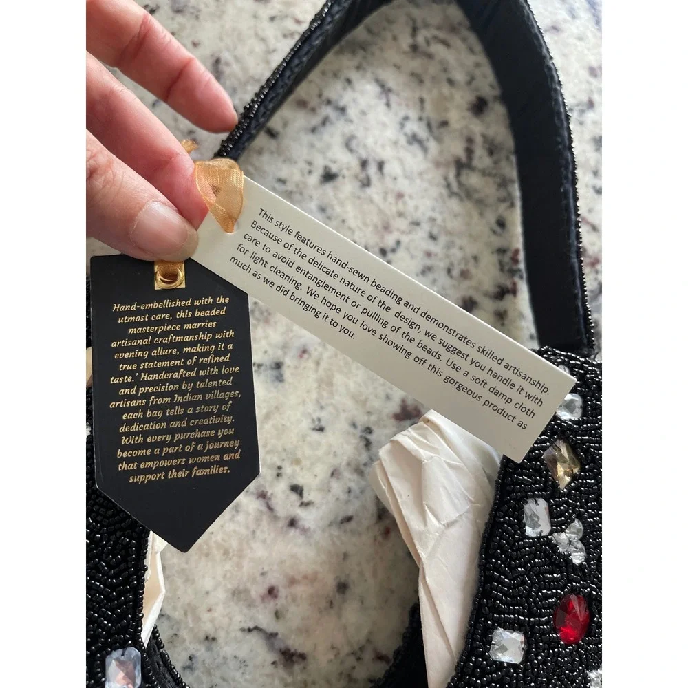 Handcrafted Beaded Hobo Bag with Crystal Embellishments Black‎ Red India